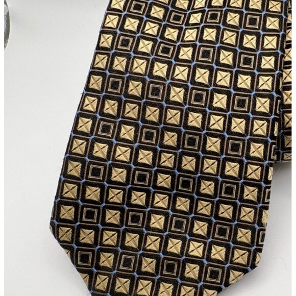 Sean John Micro Check Neck Tie Silk Black Gold Checkered Squares Blue Accents - Picture 6 of 7